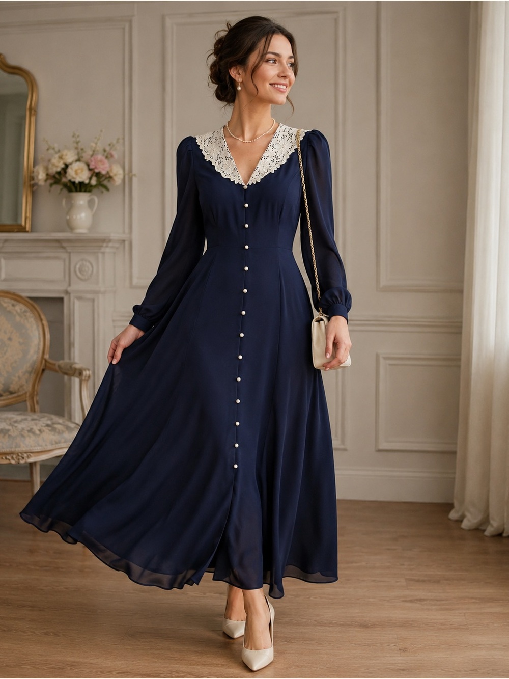 Vtg Leslie Fay secretary dress 10 romantic modest classic navy white lace collar